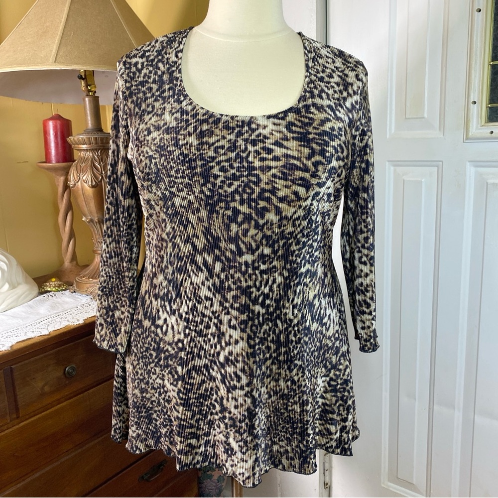 Slinky Brand Crinkle Tunic Top Brown Leopard Print Scoop Neck Plus Size 1X